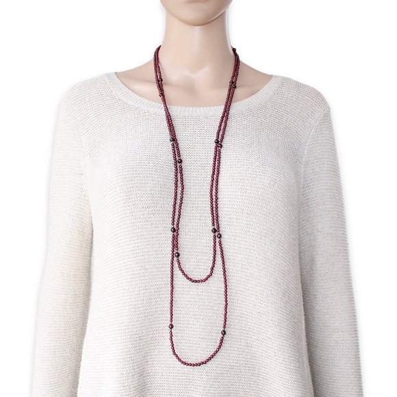 Estate Indian Garnet Beaded Necklace Sterling Silver Bead Extra Long 80” Strand - Picture 3 of 7